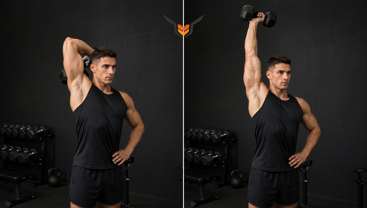 Extension unilat&eacute;rale du triceps avec halt&egrave;re au-dessus de la t&ecirc;te